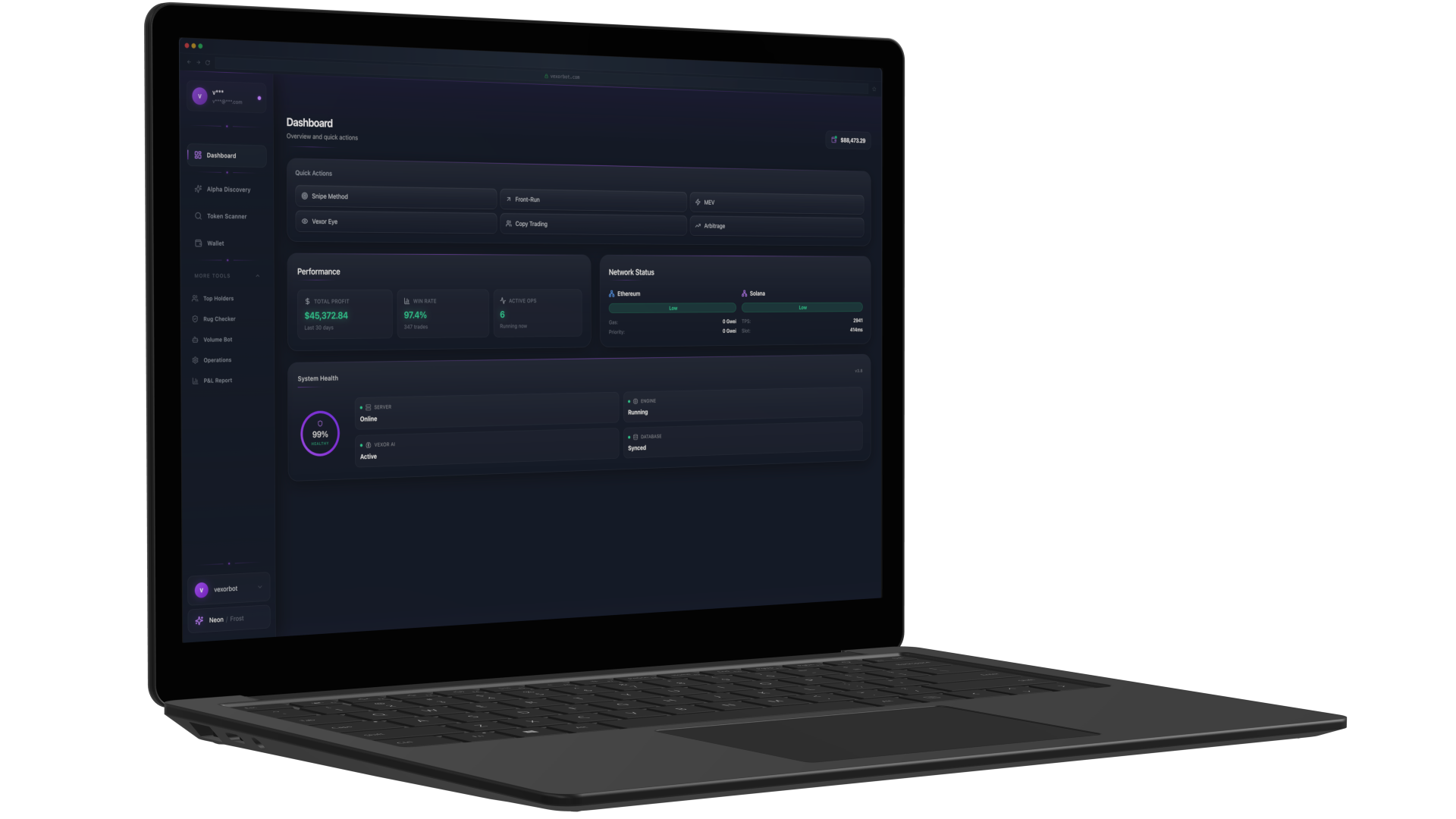Vexor Bot desktop crypto sniper interface featuring MEV bot controls, front-run protection, and multi-chain analytics