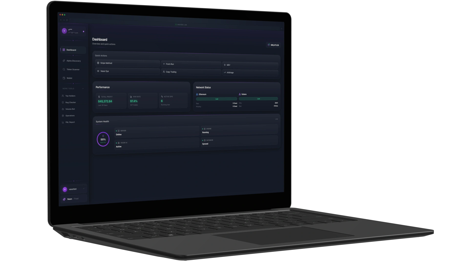 Vexor Bot desktop crypto sniper interface featuring MEV bot controls, front-run protection, and multi-chain analytics