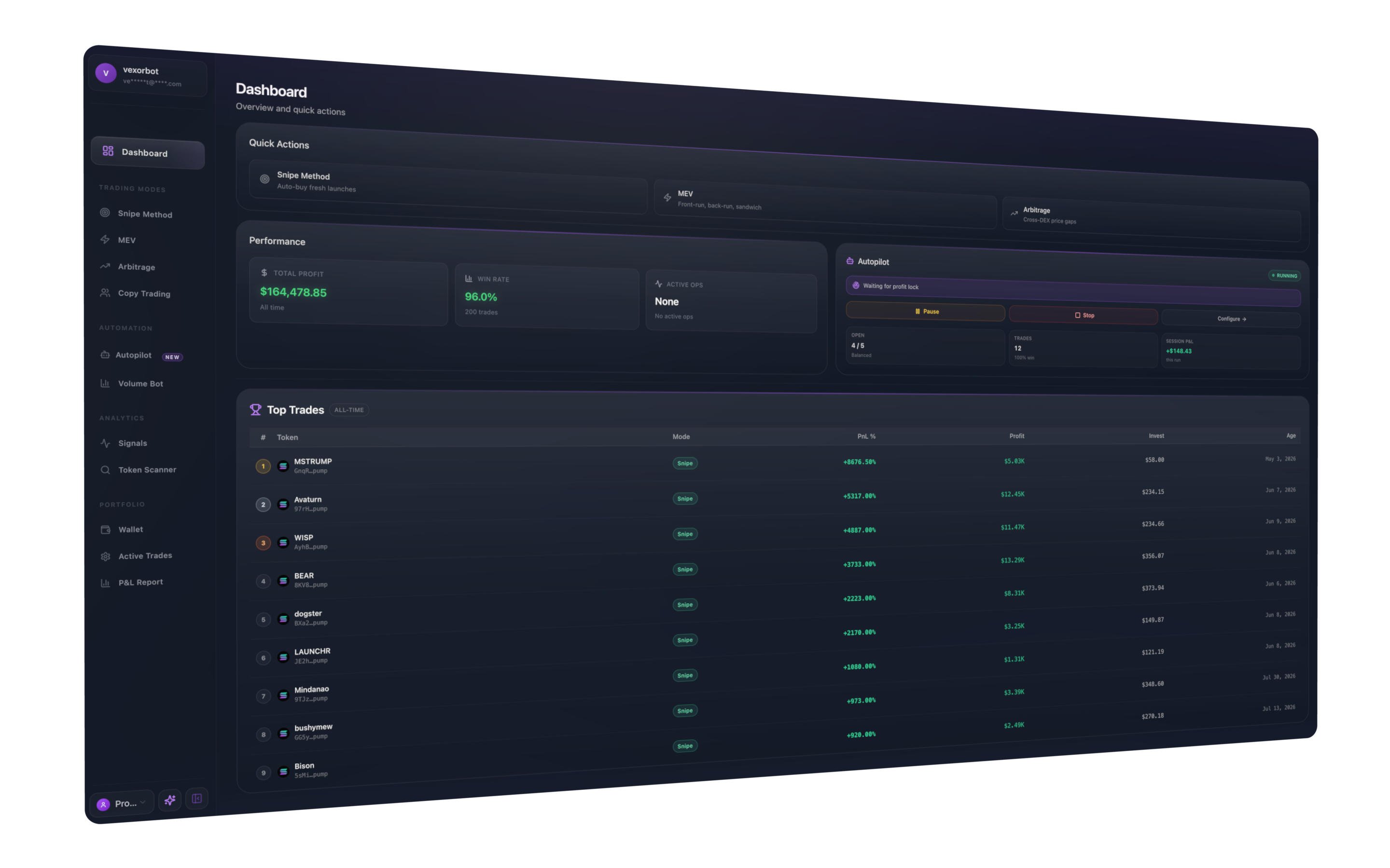 Vexor Bot desktop crypto sniper interface featuring MEV bot controls, front-run protection, and multi-chain analytics