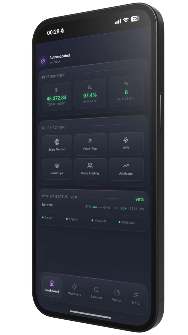 Vexor Bot crypto sniping dashboard with MEV bot protection and front-running detection for DeFi trading