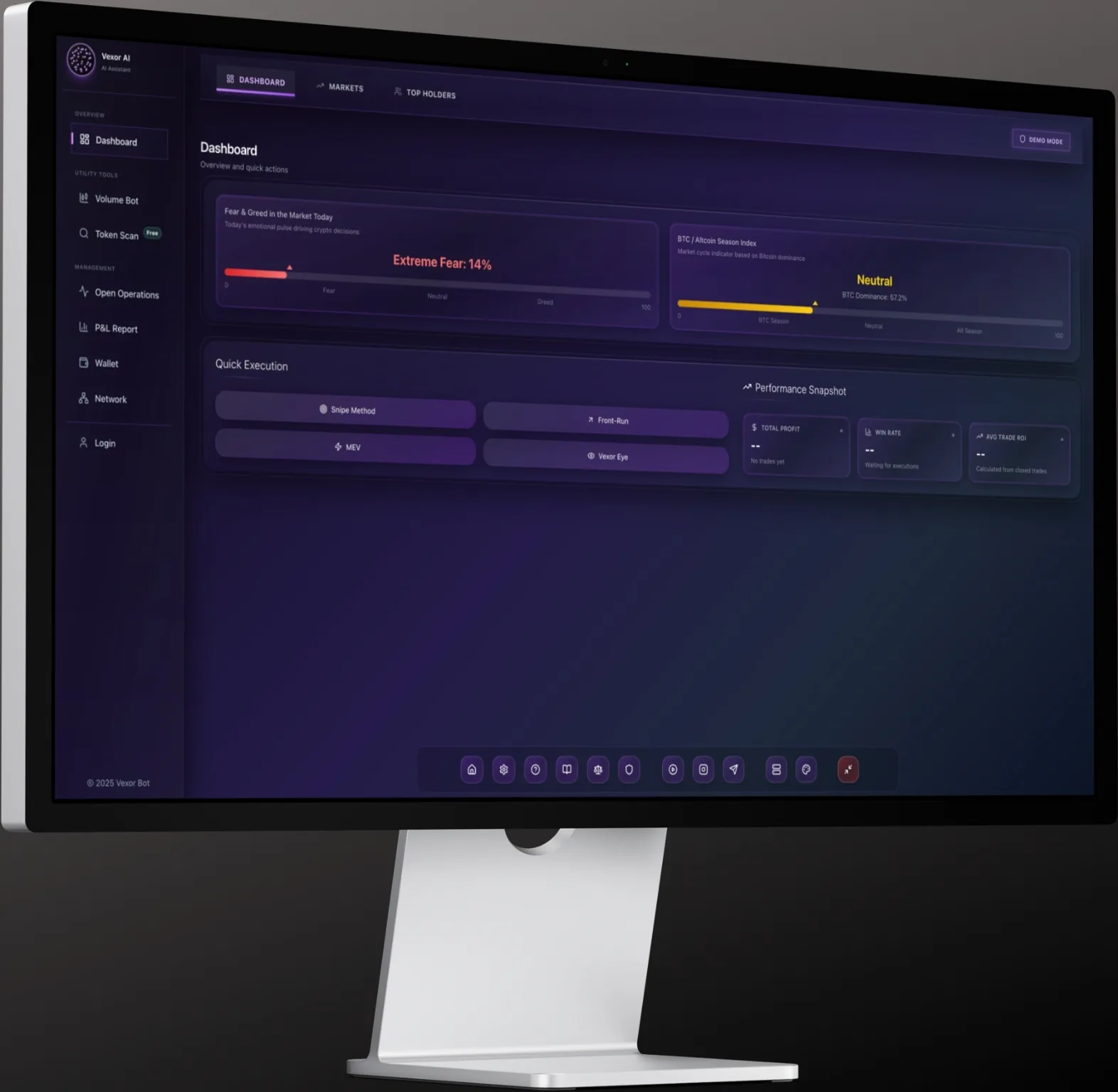 Vexor Bot AI sniper bot crypto dashboard showing Token Scanner MEV bot crypto features trading bot crypto interface VexorEye front run bot crypto multi-chain trading intelligence with MEV bot crypto strategies, front run bot crypto, and automated trading